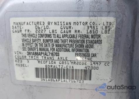 2010 Nissan Sentra 2.0S z USA, uszkodzony, nr VIN 3N1AB6AP1AL716703